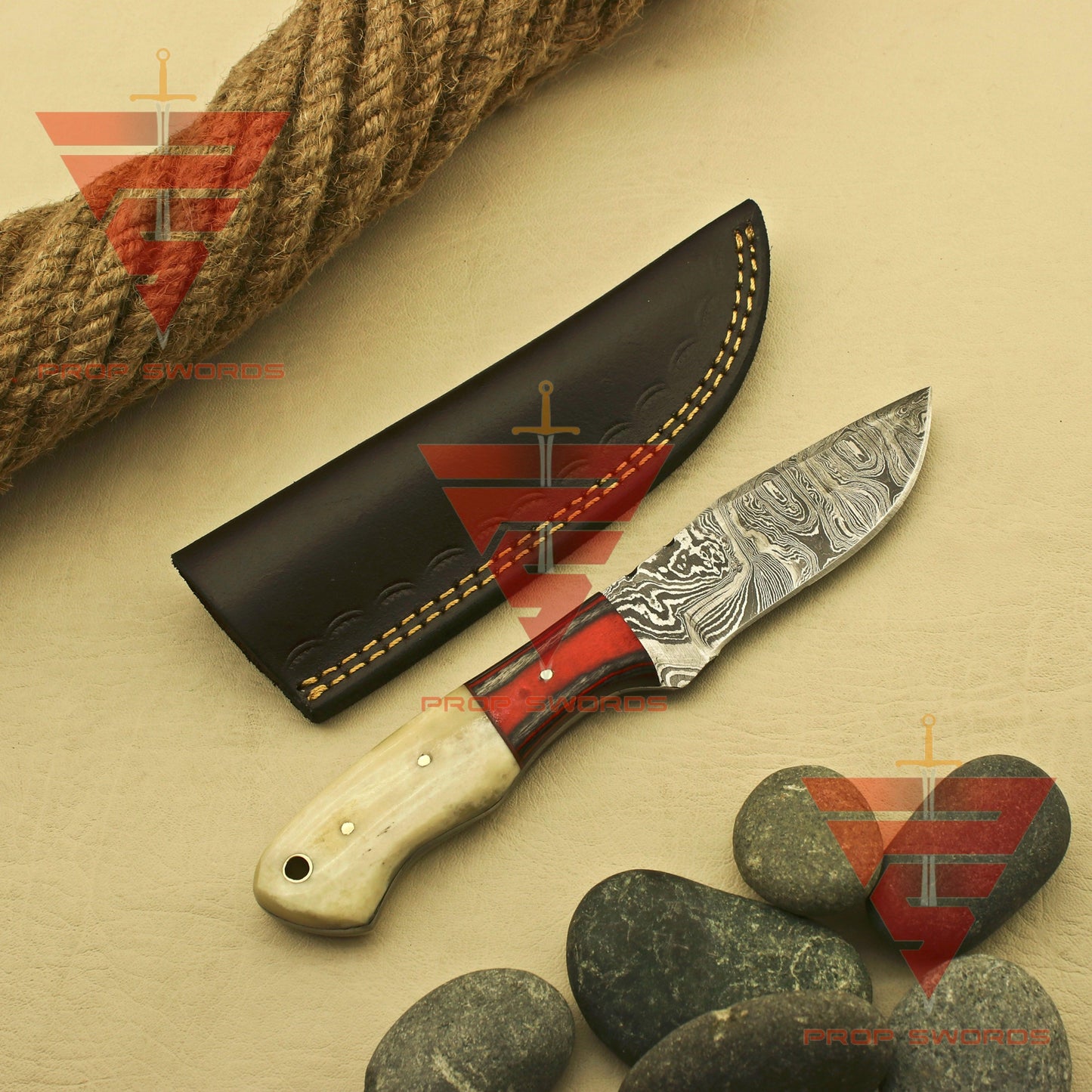 Handmade Damascus Steel Skinner Camping Hunting Knife with Beautiful Handle Design - Ideal Personalized Gift for Him, Complete with Sheath - propswords