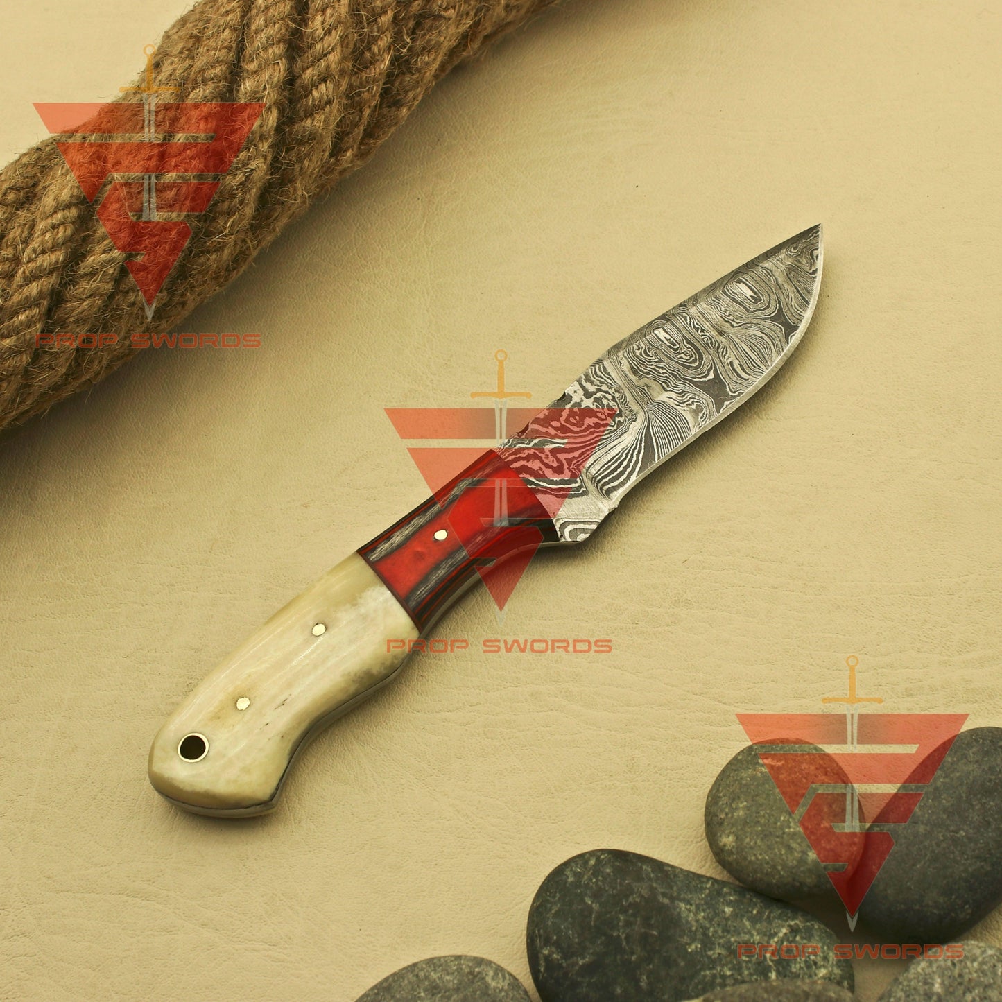 Handmade Damascus Steel Skinner Camping Hunting Knife with Beautiful Handle Design - Ideal Personalized Gift for Him, Complete with Sheath - propswords
