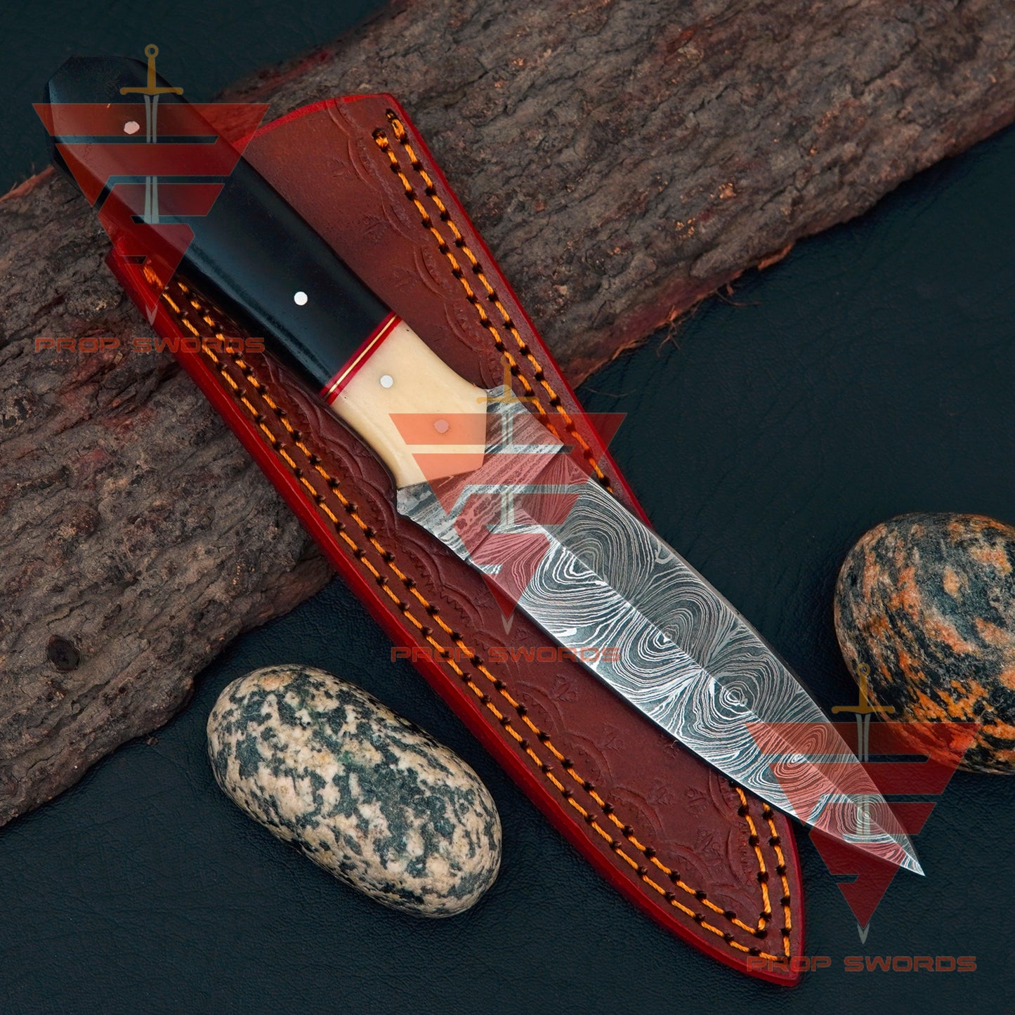 Elegant Handcrafted Damascus Knife with Rosewood and Camel Bone Handle, Complete with Pure Leather Sheath - Ideal Gift for Him - propswords