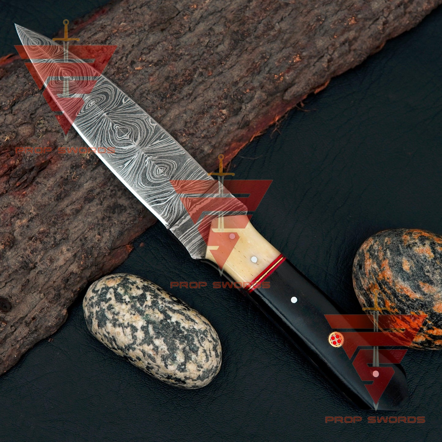 Elegant Handcrafted Damascus Knife with Rosewood and Camel Bone Handle, Complete with Pure Leather Sheath - Ideal Gift for Him - propswords