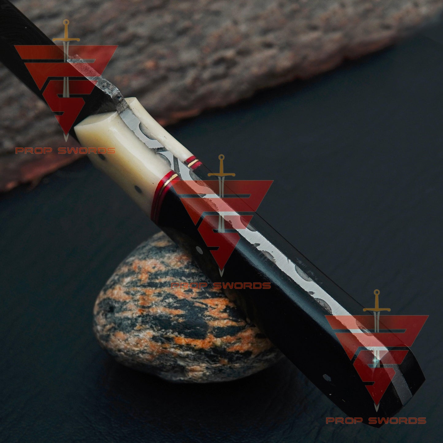 Elegant Handcrafted Damascus Knife with Rosewood and Camel Bone Handle, Complete with Pure Leather Sheath - Ideal Gift for Him - propswords