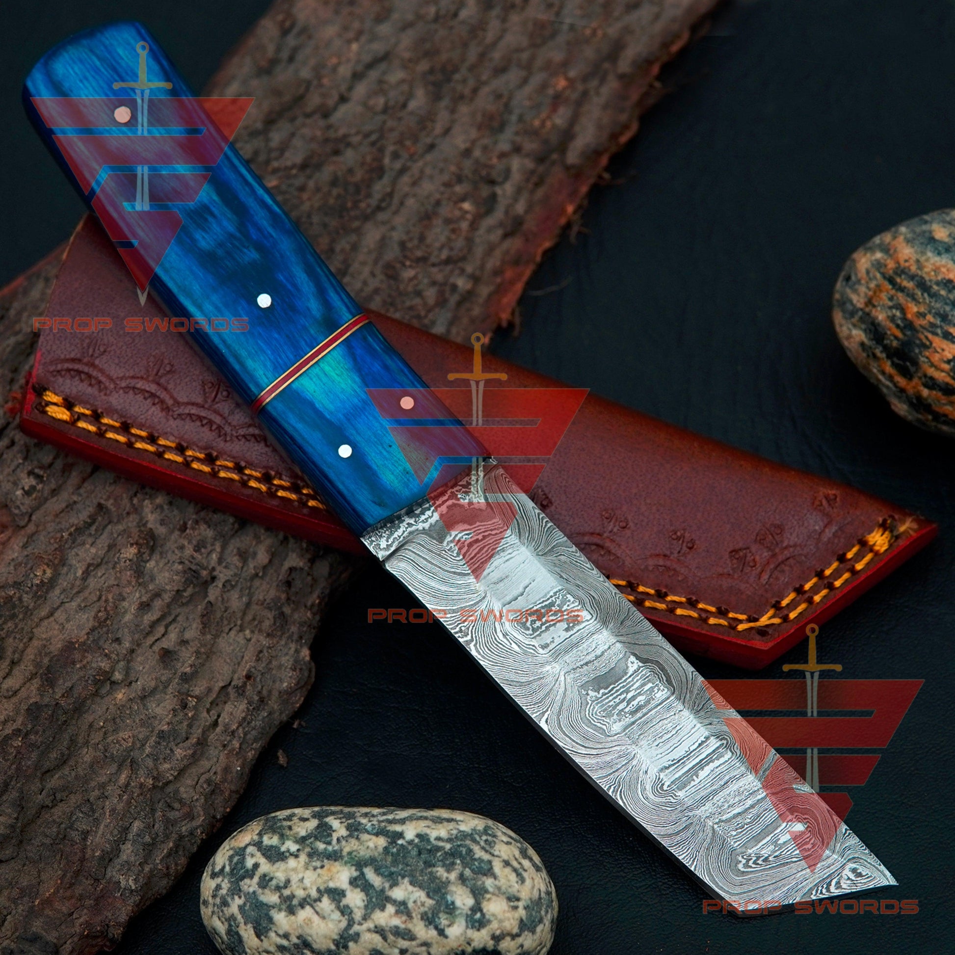 Masterfully Crafted Damascus Steel Tanto Point Hunting Knife with Stunning Handle and Leather Sheath – An Unparalleled Gift for Him - propswords