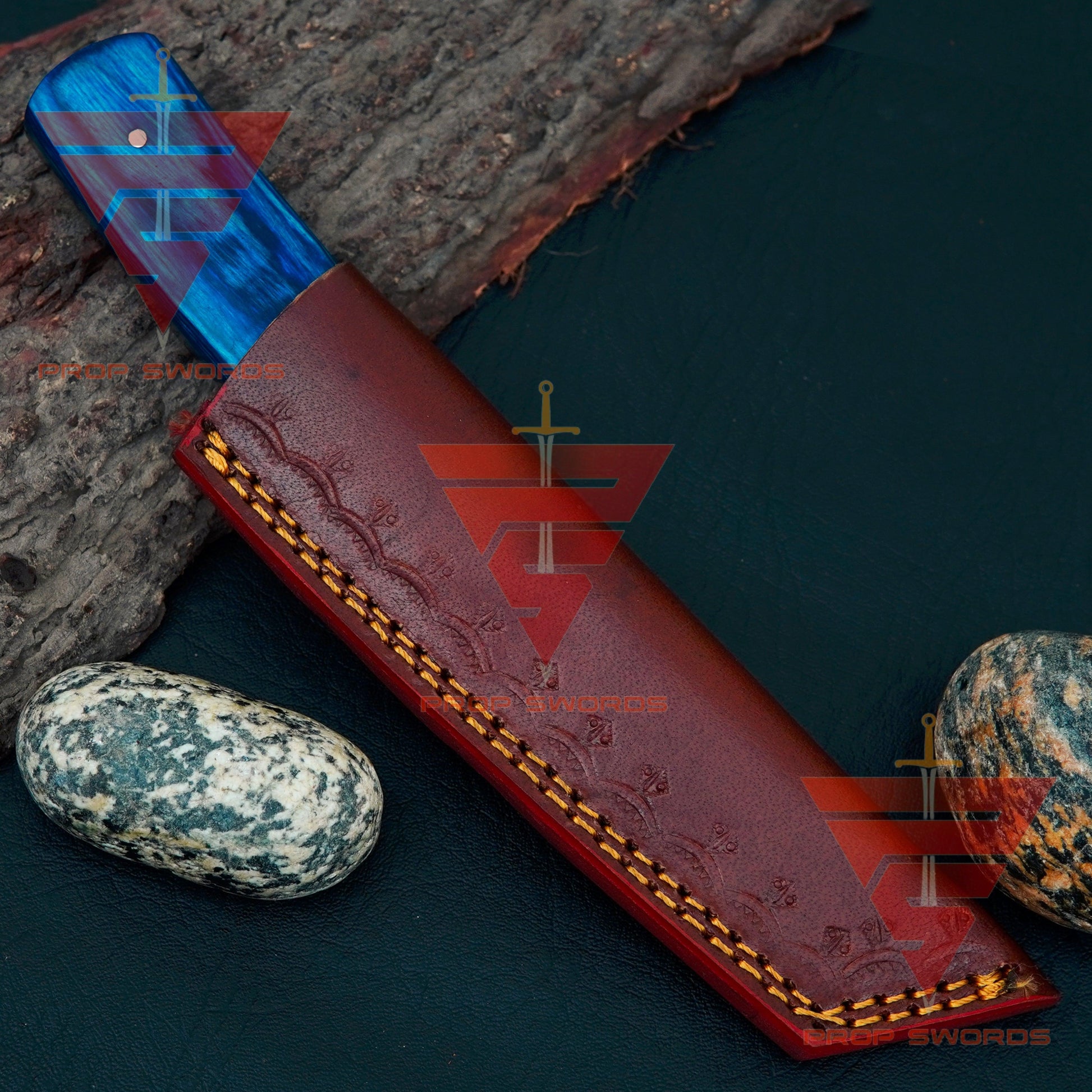 Masterfully Crafted Damascus Steel Tanto Point Hunting Knife with Stunning Handle and Leather Sheath – An Unparalleled Gift for Him - propswords