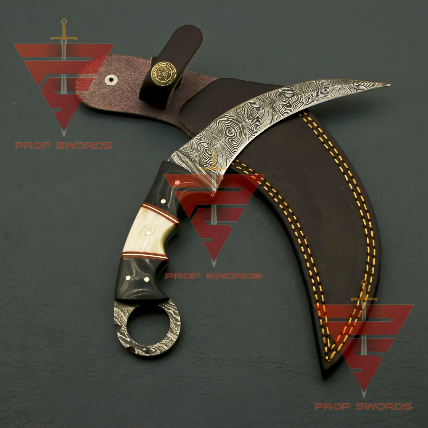Artisan Crafted Damascus Steel Tactical Karambit Knife: Complete with Leather Sheath - propswords