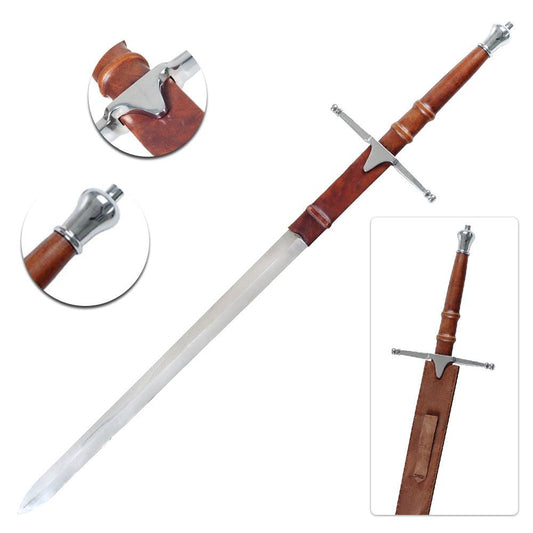 William Wallace Sword from Braveheart Replica Medieval Sword Stainless Steel Double Edged Blade, Metal Hilt, With Leather Sheath - propswords