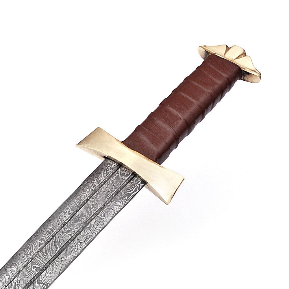 Handmade Damascus Steel Viking Warrior Sword With Leather Sheath - propswords