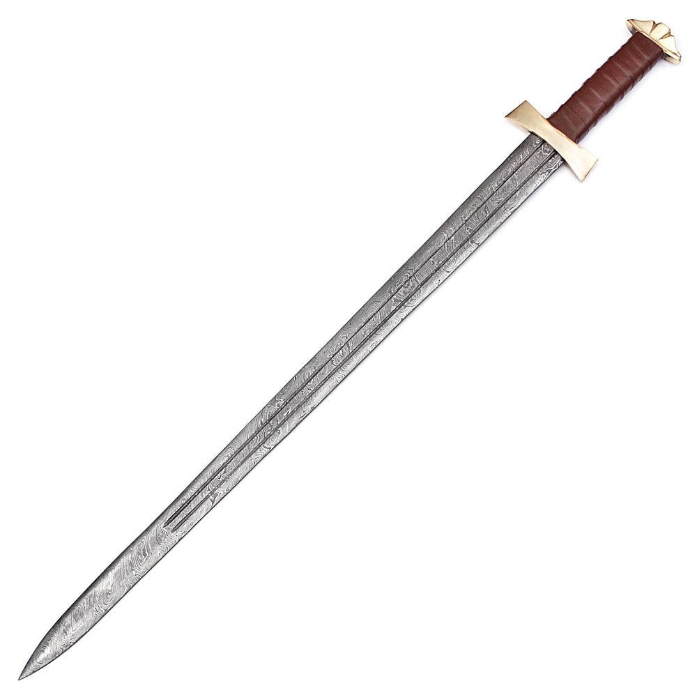 Handmade Damascus Steel Viking Warrior Sword With Leather Sheath - propswords