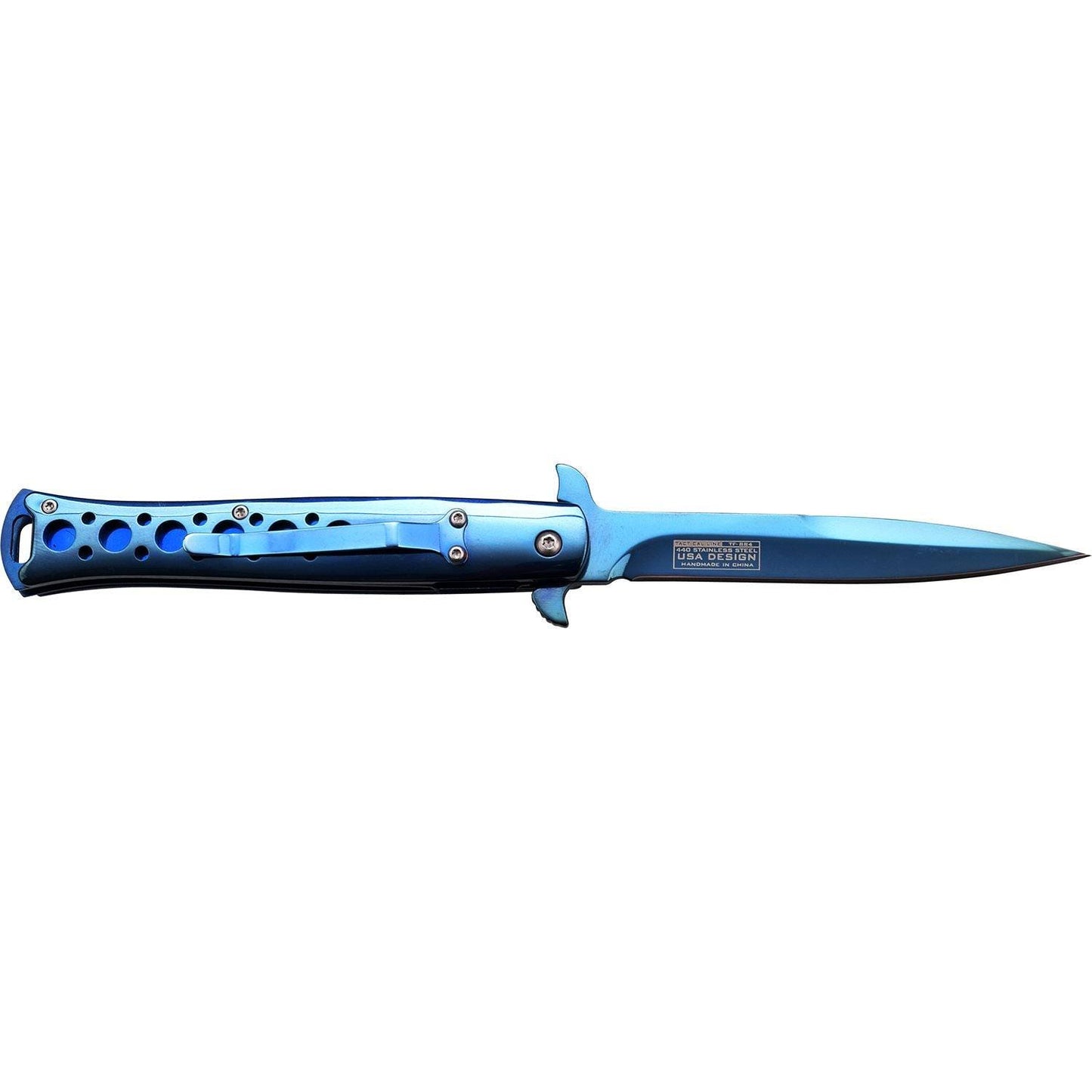 Tac Force Stiletto Style Spring Assisted Knife Blue Titanium - propswords