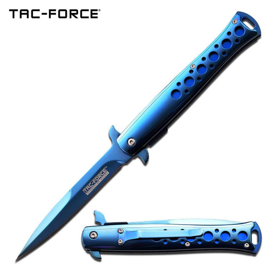 Tac Force Stiletto Style Spring Assisted Knife Blue Titanium - propswords