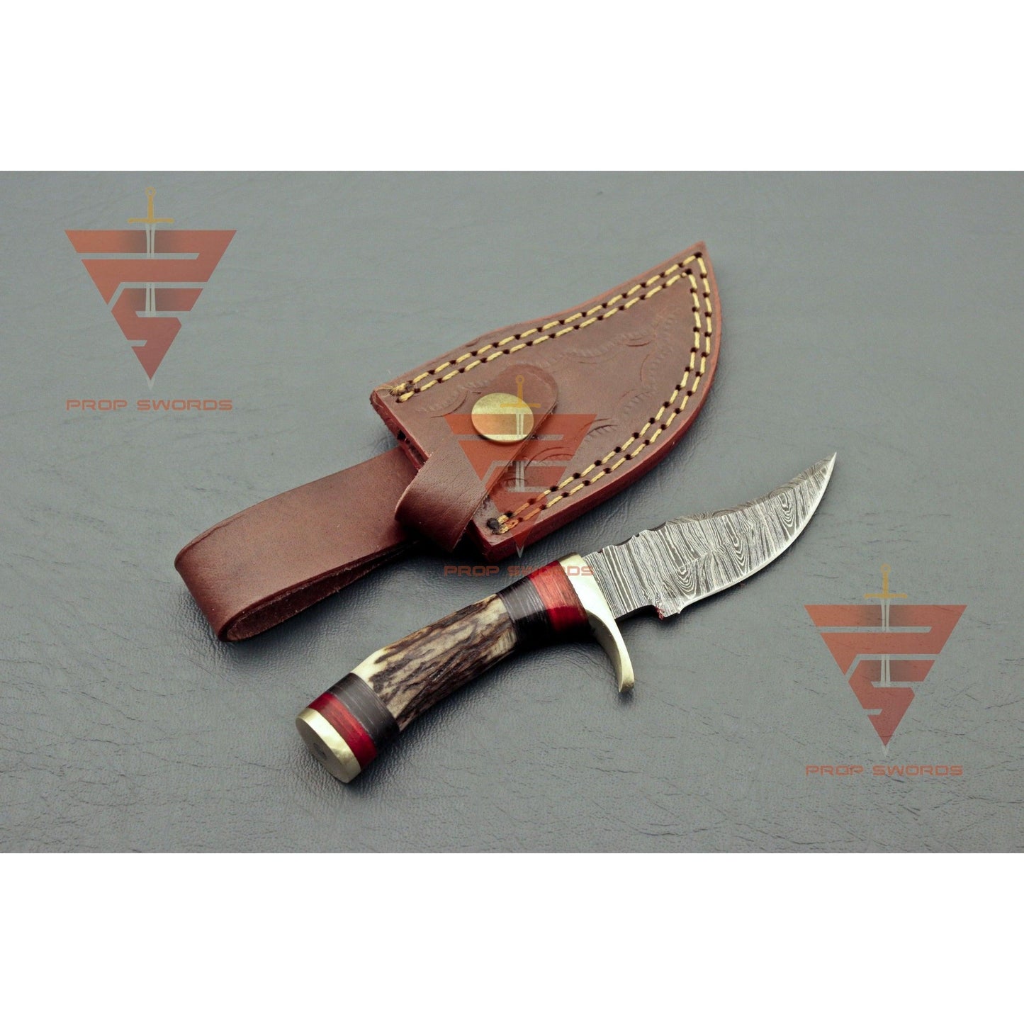 6 inches Handmade Stag Horn Hunting Knife - Crafted with Premium Damascus Steel and Complete with a Leather Sheath - propswords
