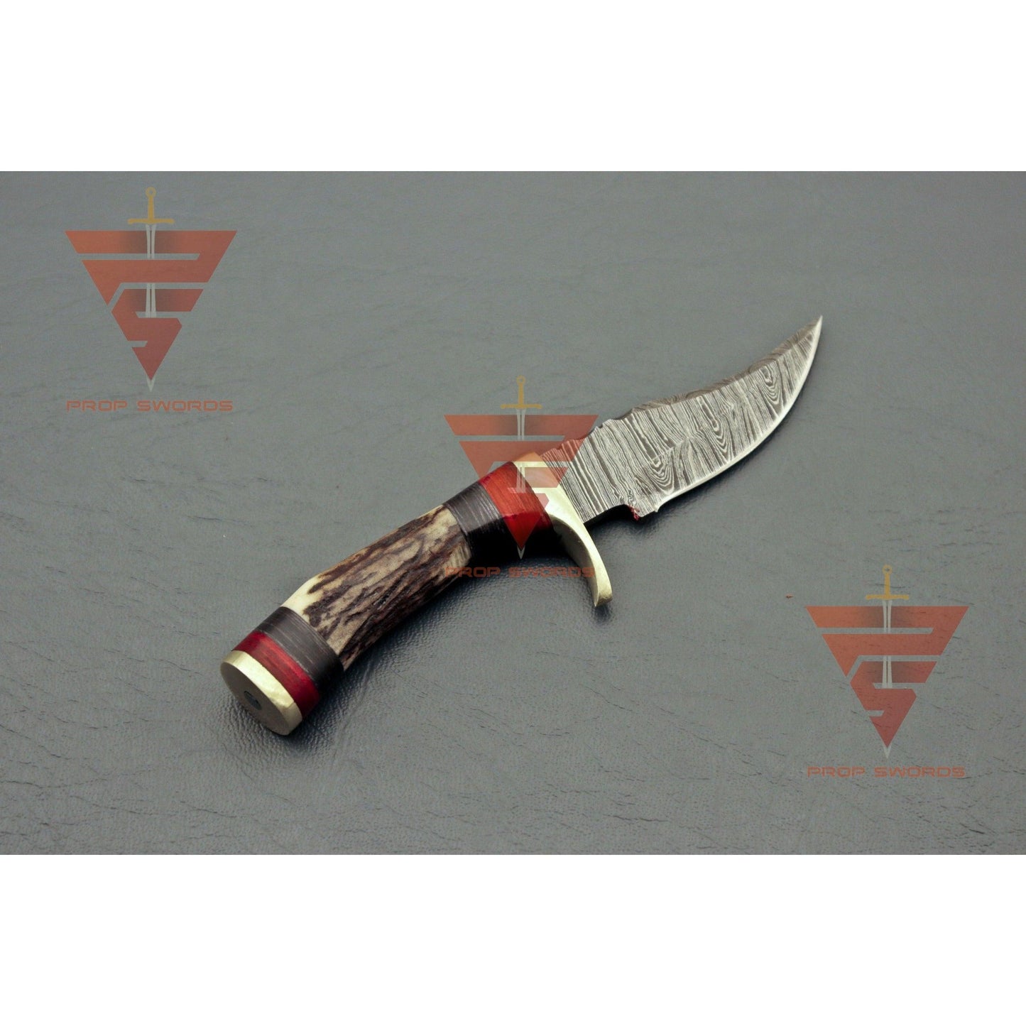 6 inches Handmade Stag Horn Hunting Knife - Crafted with Premium Damascus Steel and Complete with a Leather Sheath - propswords