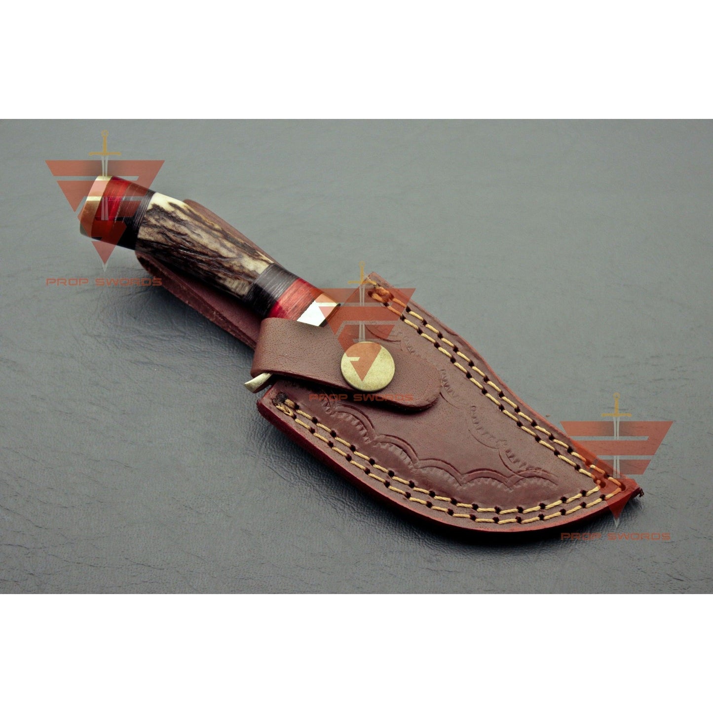 6 inches Handmade Stag Horn Hunting Knife - Crafted with Premium Damascus Steel and Complete with a Leather Sheath - propswords