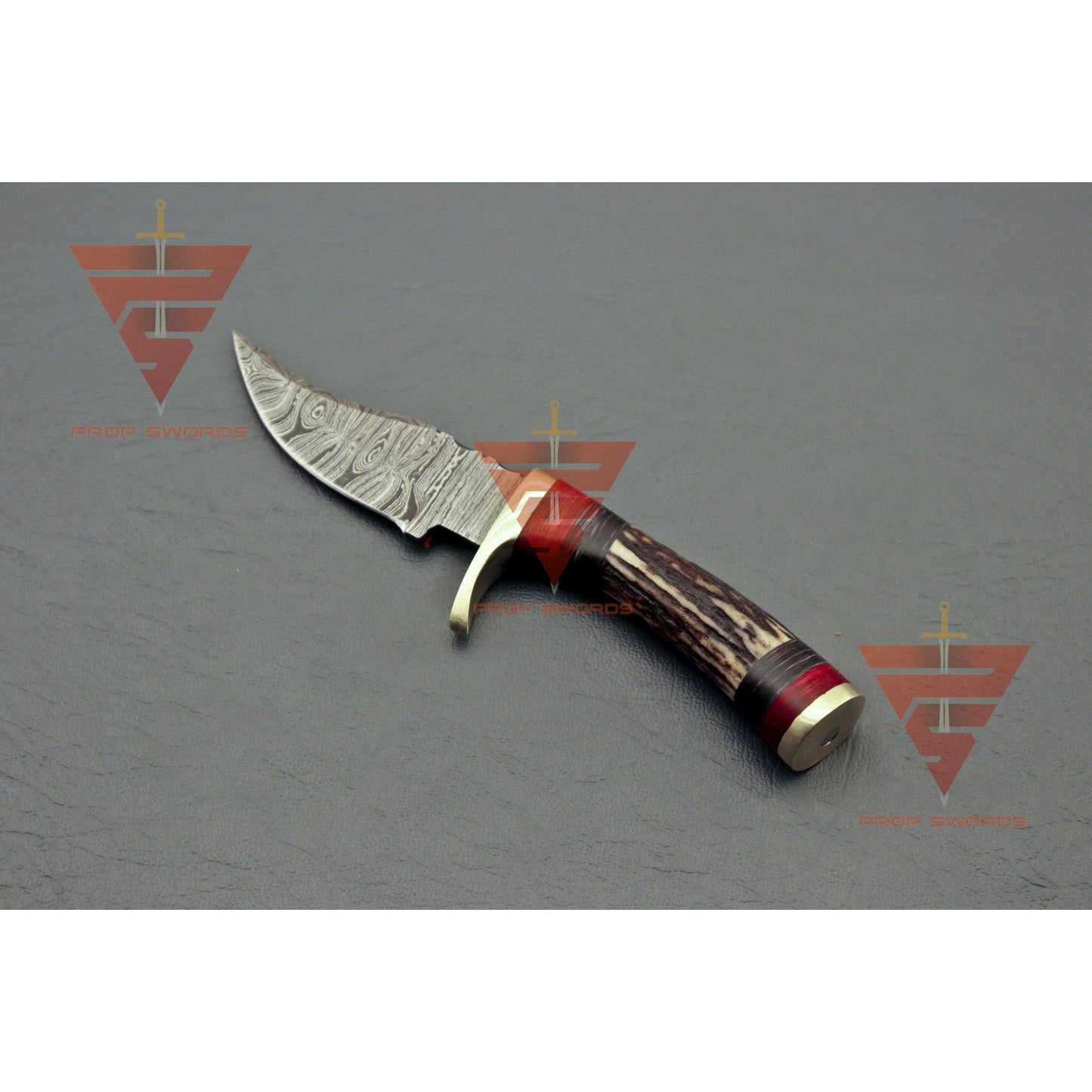 6 inches Handmade Stag Horn Hunting Knife - Crafted with Premium Damascus Steel and Complete with a Leather Sheath - propswords