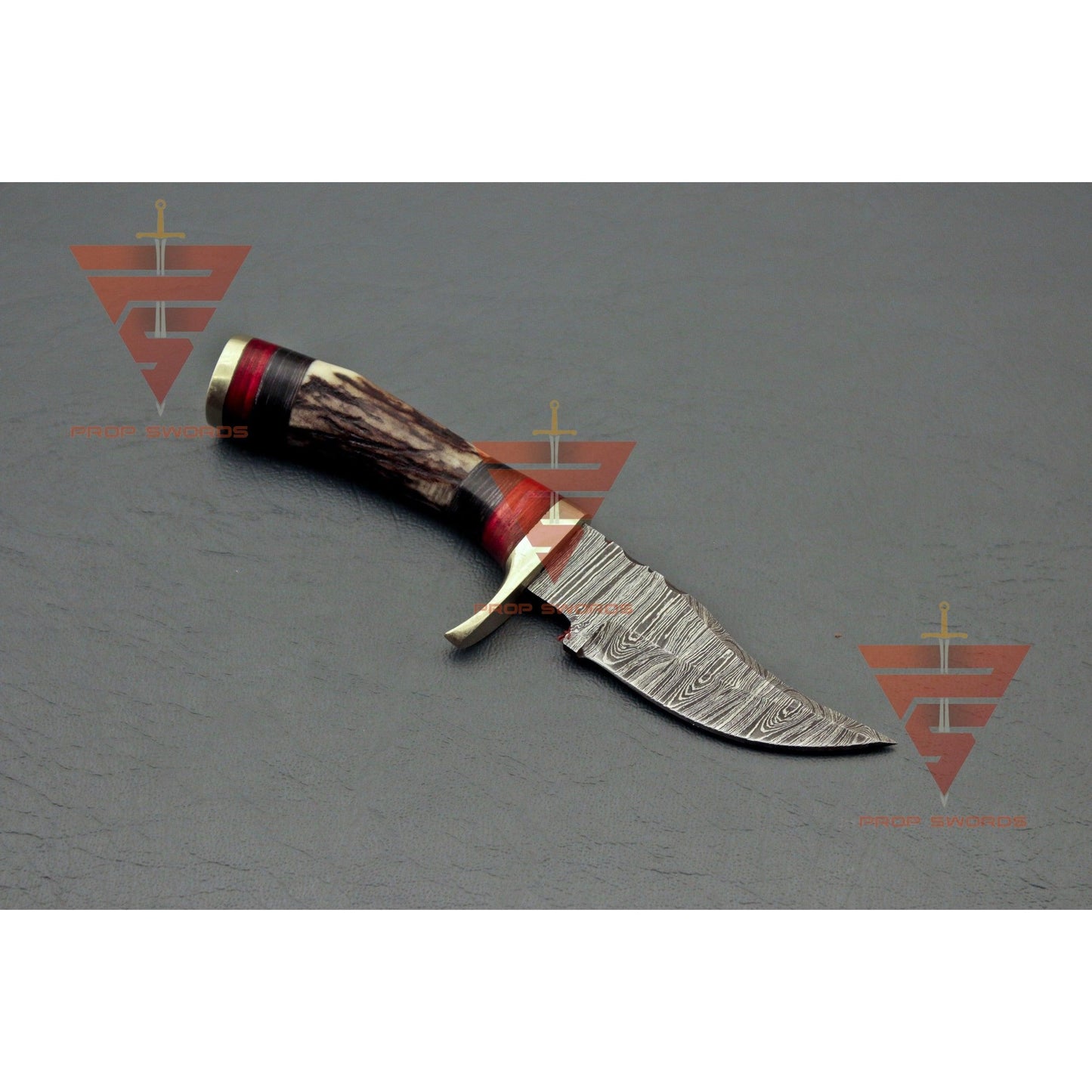 6 inches Handmade Stag Horn Hunting Knife - Crafted with Premium Damascus Steel and Complete with a Leather Sheath - propswords