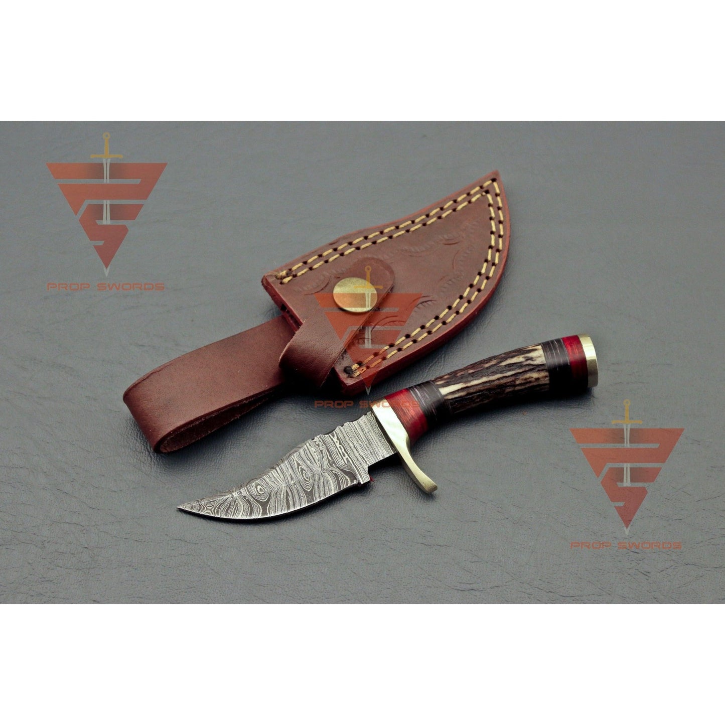 6 inches Handmade Stag Horn Hunting Knife - Crafted with Premium Damascus Steel and Complete with a Leather Sheath - propswords
