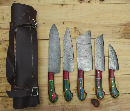 Handmade Damascus Steel Chef Knife set of 5pcs With Sheet, Chef Knives Set, pro chef knife Kitchen Knives Set, Gift For Her , Gift For Dad - propswords