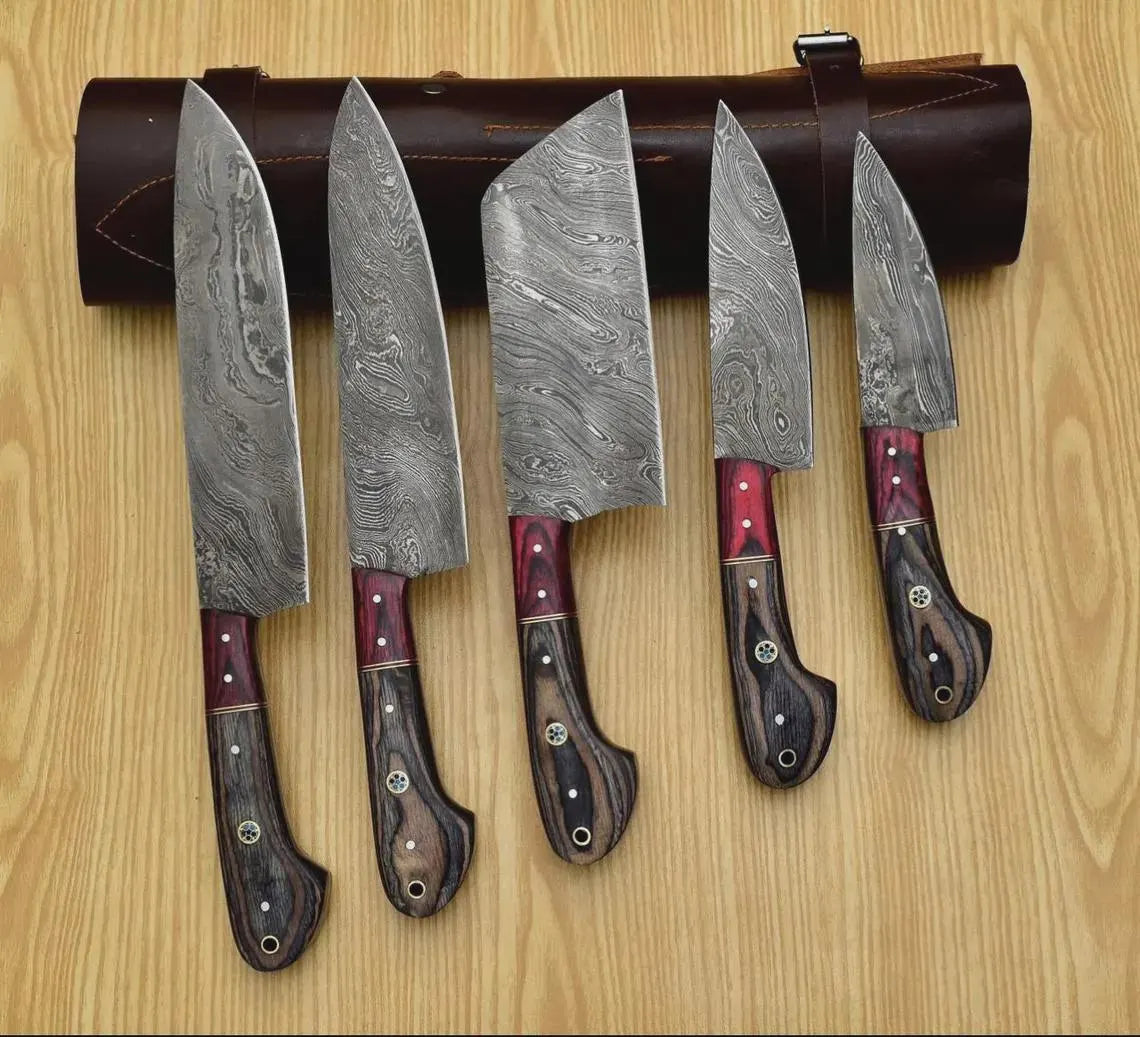 Handmade Damascus Steel Chef Knife set of 5pcs With Sheet, Chef Knives Set, pro chef knife Kitchen Knives Set, Gift For Her , Gift For Dad - propswords