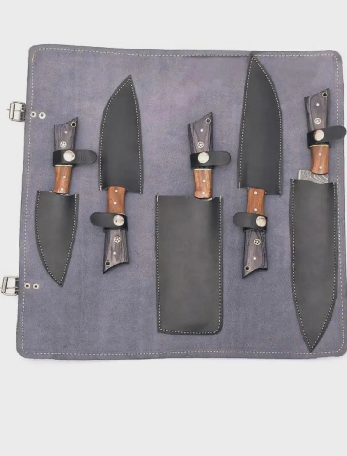 Handmade Damascus Steel Chef Knife set of 5pcs With Sheet, Chef Knives Set, pro chef knife Kitchen Knives Set, Gift For Her , Gift For Dad - propswords