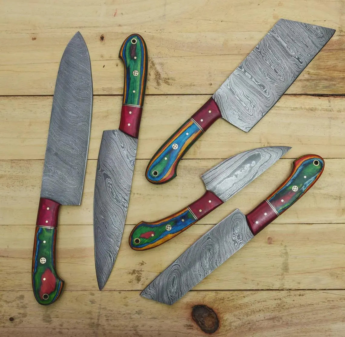 Handmade Damascus Steel Chef Knife set of 5pcs With Sheet, Chef Knives Set, pro chef knife Kitchen Knives Set, Gift For Her , Gift For Dad - propswords