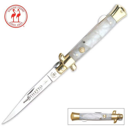 KISSING CRANE MOTHER OF PEARL STILETTO POCKET KNIFE - propswords