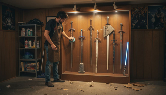 Collector dusting iconic sword replica display