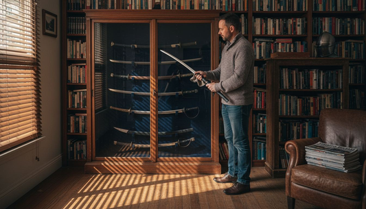 Collector dusting replica sword display in den