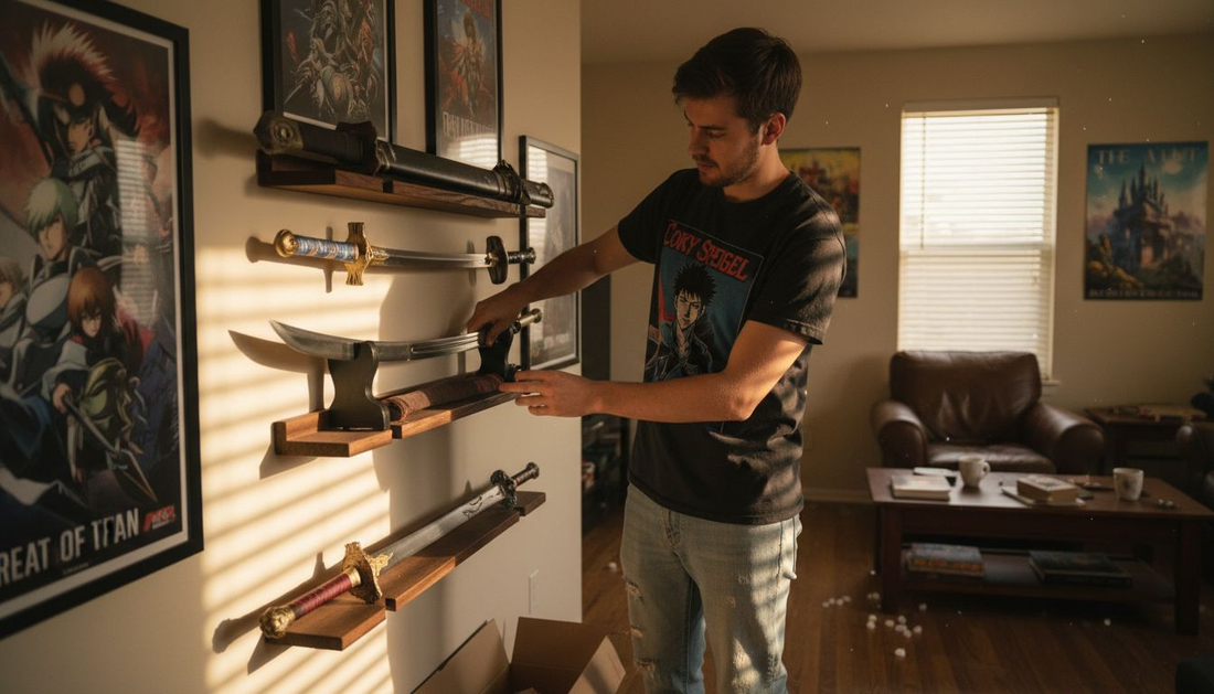 Anime and fantasy sword collector organizing shelves