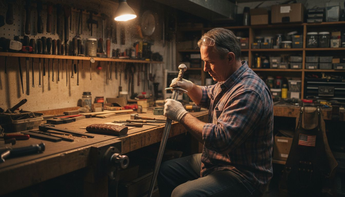 Craftsman inspecting replica sword handle
