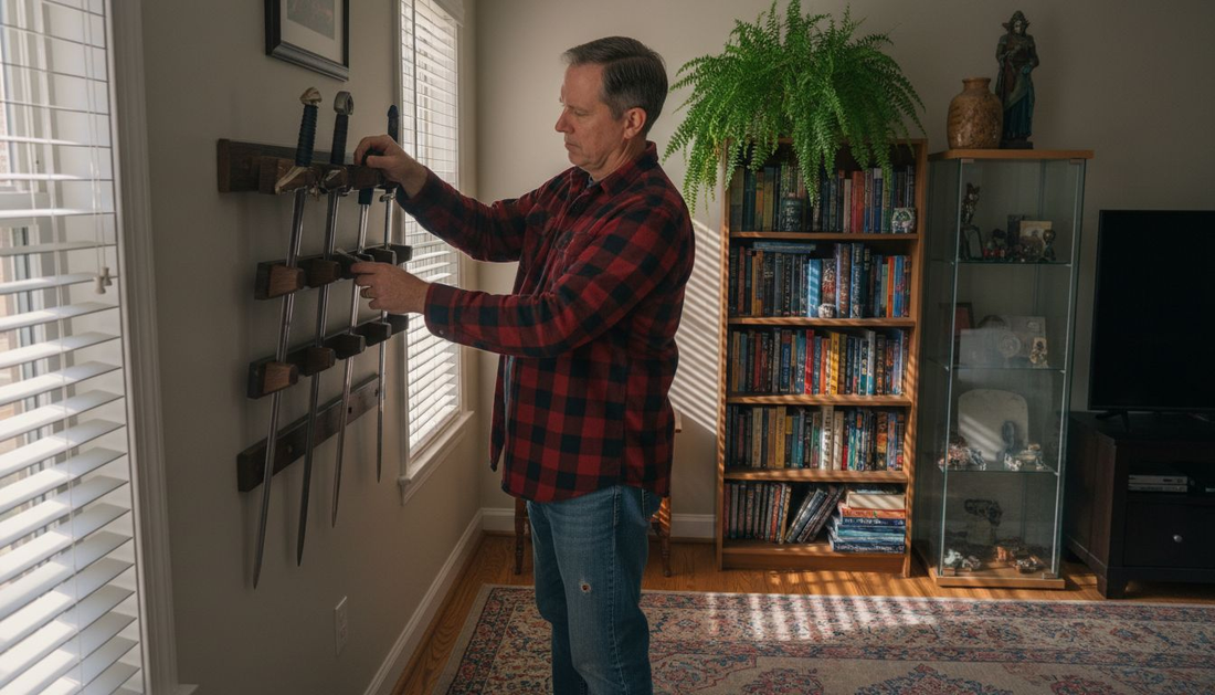 Enthusiast arranging replica swords in living room