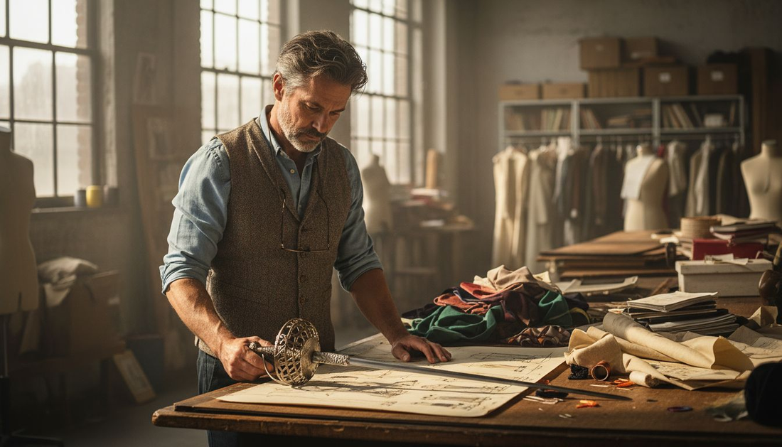 Designer studying sword for costume accuracy