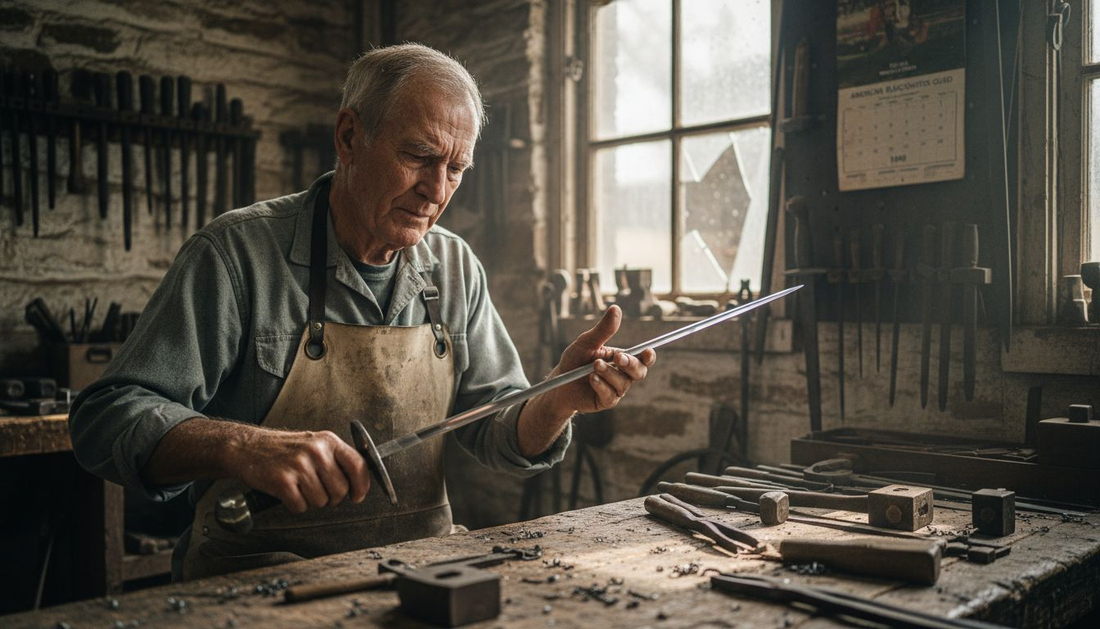 Sword craftsman inspecting blade in workshop