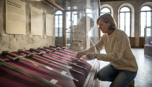 Museum curator arranging Viking swords in display case