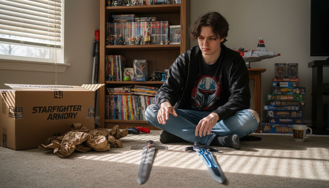 Cosplayer examining two replica swords at home