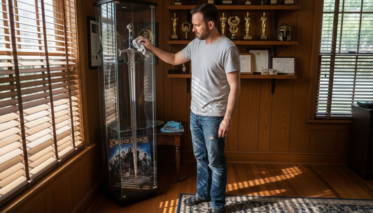 Collector dusts movie sword in display case