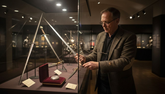 Museum curator organizing historic sword display