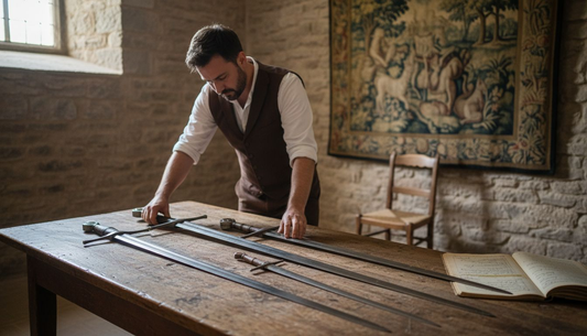 Curator arranging medieval swords in museum gallery