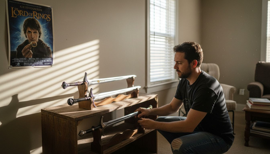 Collector arranging movie sword replicas at home