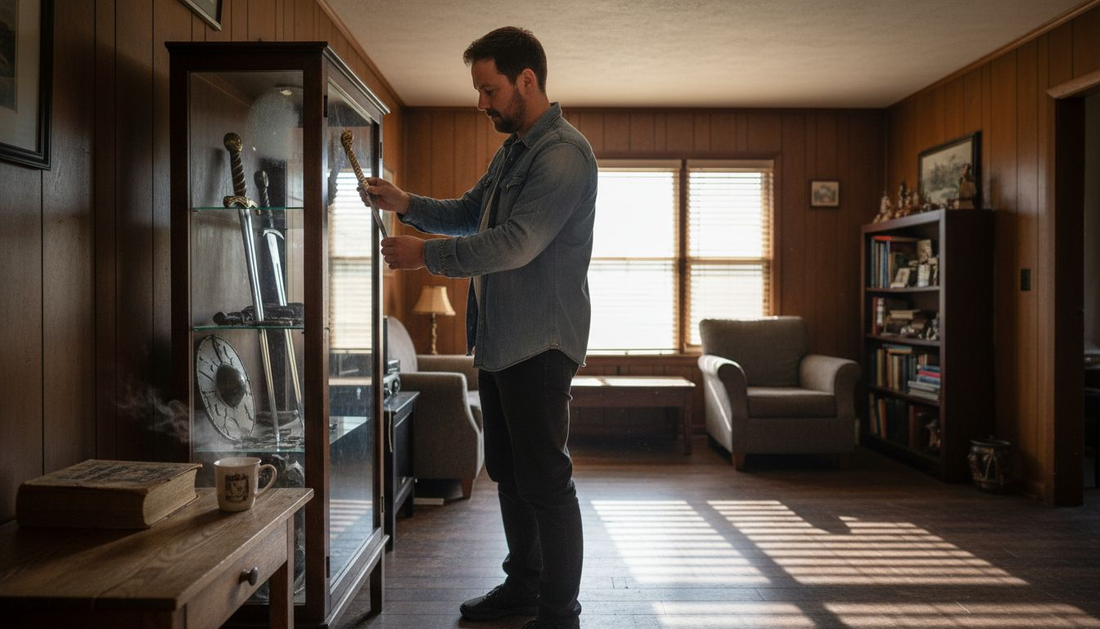 Collector arranging fantasy and historical swords