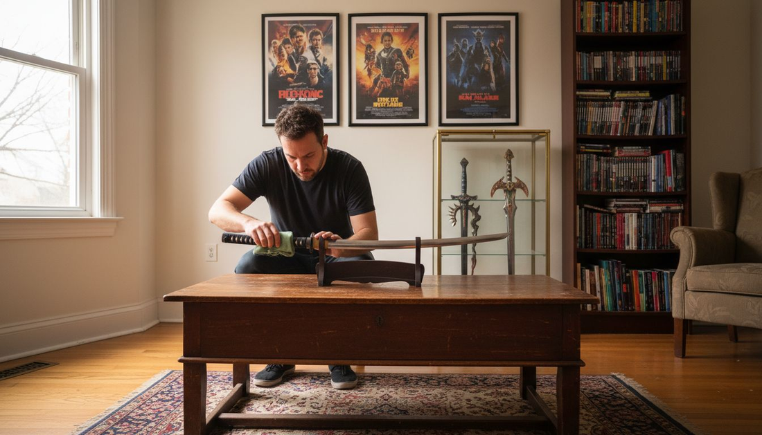 Collector arranging swords in home display