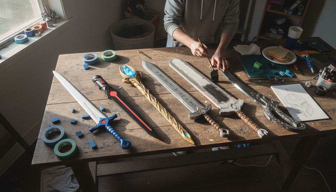 Six cosplay swords arranged on workshop table
