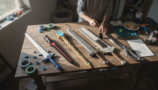 Six cosplay swords arranged on workshop table