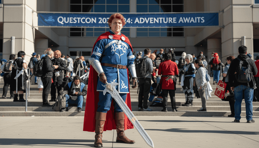 Cosplayer holding sword at convention entrance