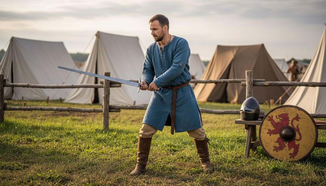 Reenactor demonstrating medieval sword techniques outdoors