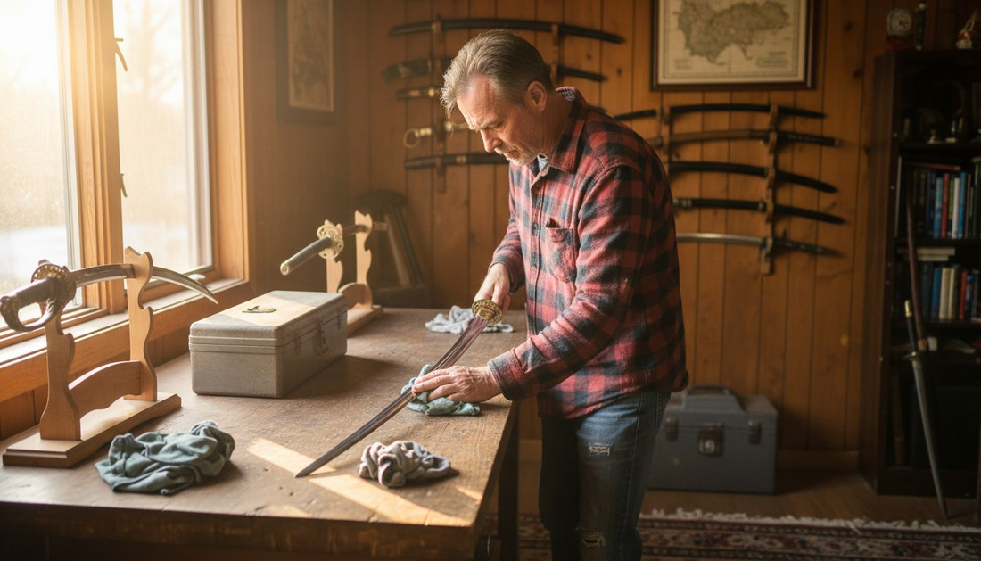 Collector polishing sword in hobby room