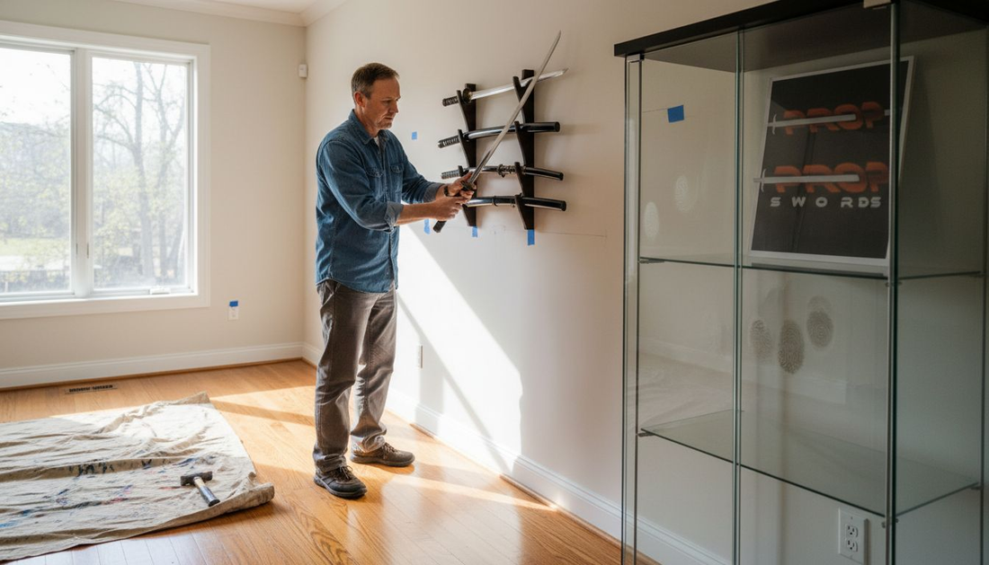 Collector mounting swords on wall rack