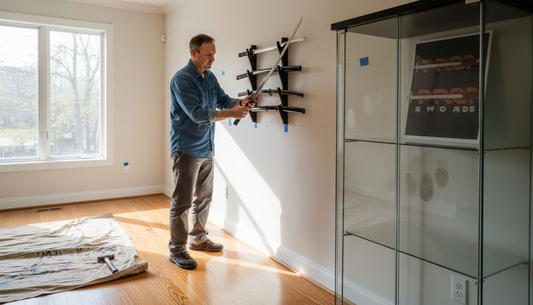 Collector mounting swords on wall rack