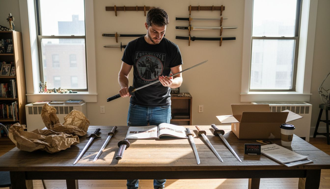 Collector comparing multiple replica swords