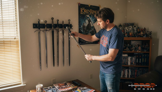 Collector arranging movie swords on living room display