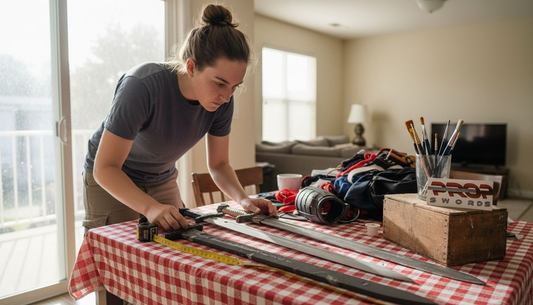Cosplayer choosing replica swords on table