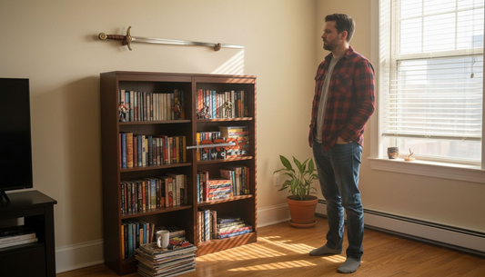 Man admiring replica sword in apartment